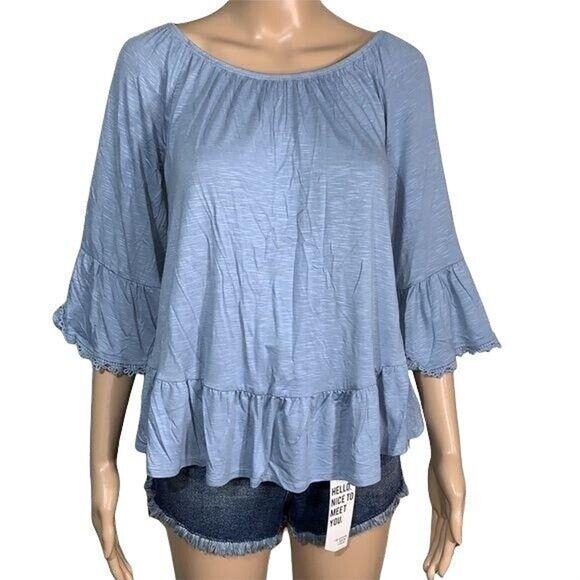 Style and Co Womens Peasant Top Blouse Off Shoulder Bell Sleeve Blue Small - Picture 3 of 11